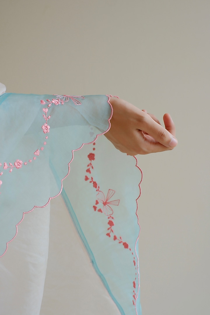 Pink & Blue Handwoven Organza Silk Floral Embroidered Dupatta by Surmaye at Pernia's Pop Up Shop