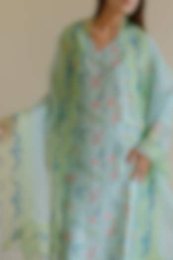 Blue & Pastel Green Handwoven Organza Silk Floral Embroidered Dupatta by Surmaye at Pernia's Pop Up Shop