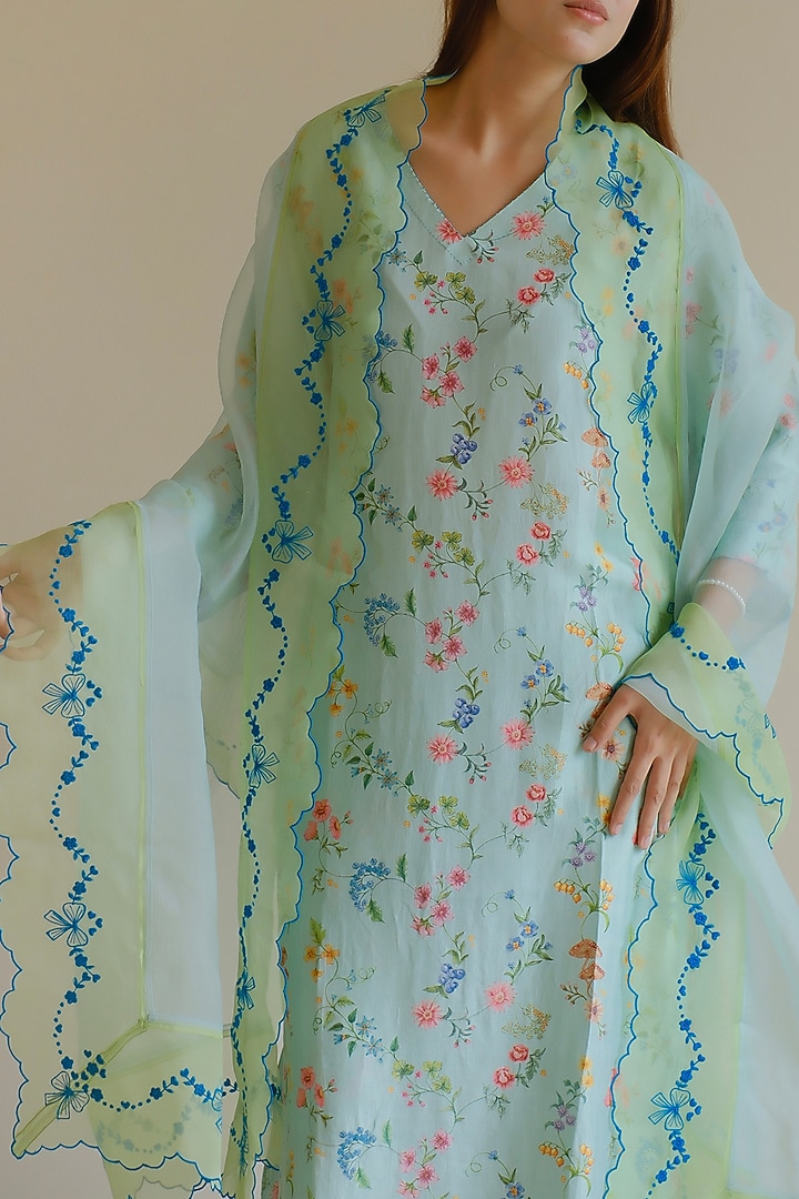 Blue & Pastel Green Handwoven Organza Silk Floral Embroidered Dupatta by Surmaye at Pernia's Pop Up Shop