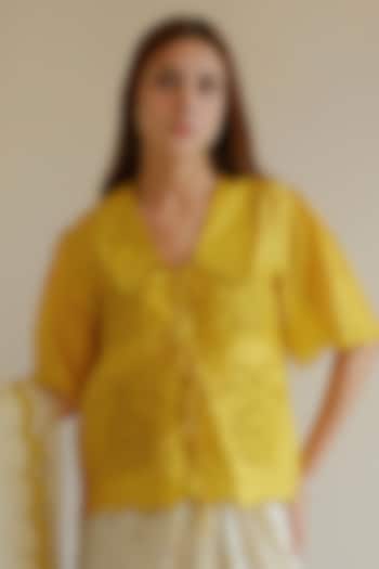 Yellow Handwoven Organza Mulberry Silk Cutwork Embroidered Blouse by Surmaye at Pernia's Pop Up Shop