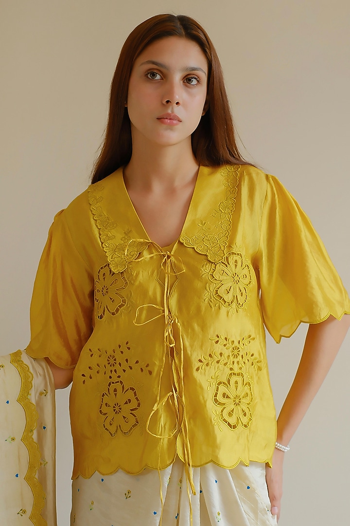 Yellow Handwoven Organza Mulberry Silk Cutwork Embroidered Blouse by Surmaye at Pernia's Pop Up Shop