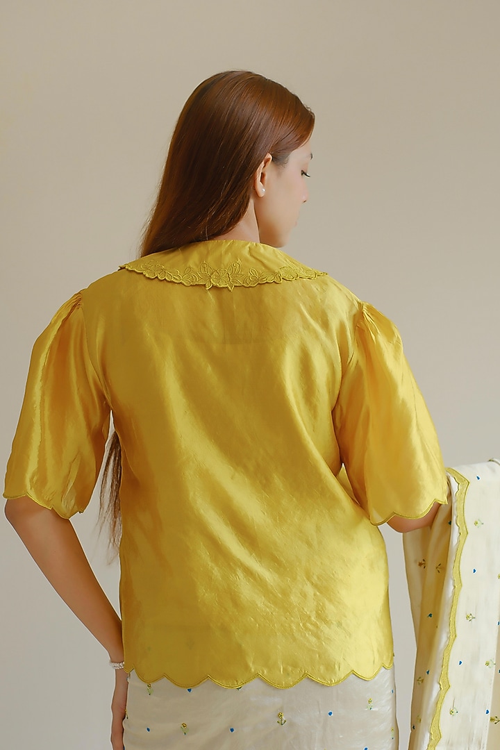 Yellow Handwoven Organza Mulberry Silk Cutwork Embroidered Blouse by Surmaye at Pernia's Pop Up Shop