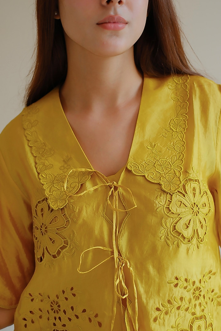 Yellow Handwoven Organza Mulberry Silk Cutwork Embroidered Blouse by Surmaye at Pernia's Pop Up Shop