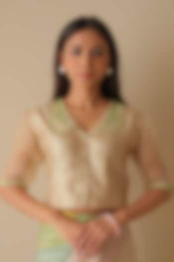 Beige Handwoven Organza Mulberry Silk Hand Embroidered Blouse by Surmaye at Pernia's Pop Up Shop