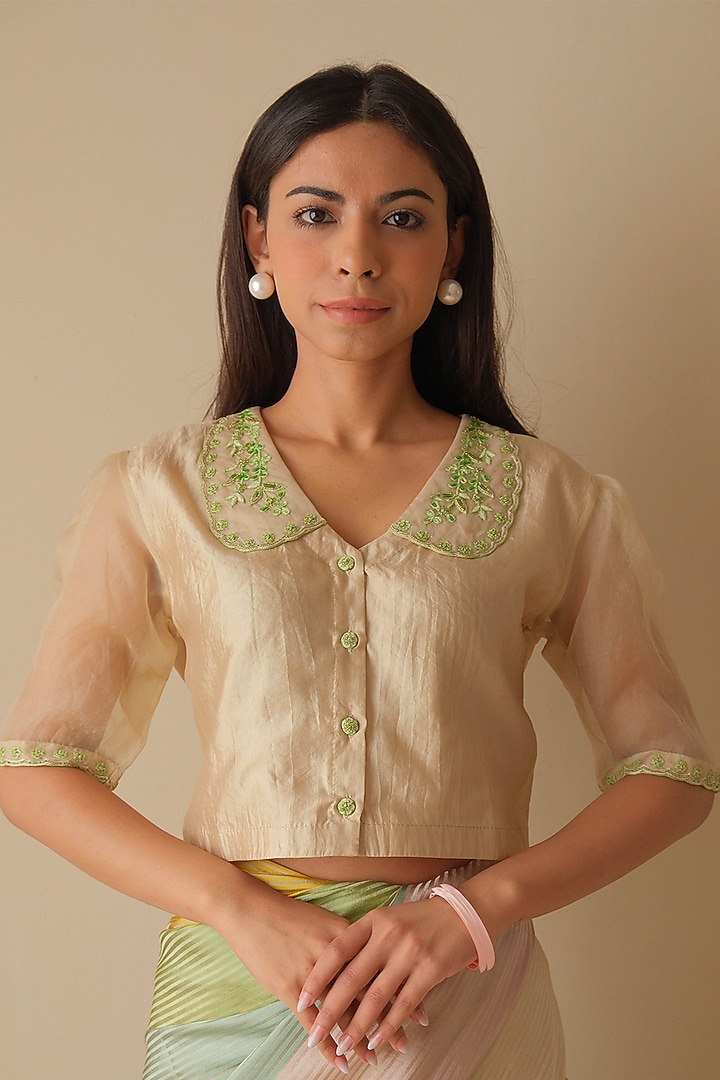 Beige Handwoven Organza Mulberry Silk Hand Embroidered Blouse by Surmaye at Pernia's Pop Up Shop