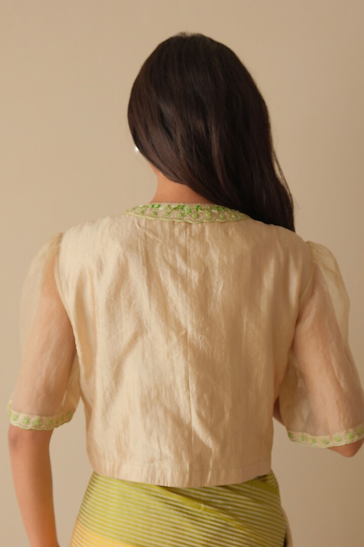 Beige Handwoven Organza Mulberry Silk Hand Embroidered Blouse by Surmaye at Pernia's Pop Up Shop