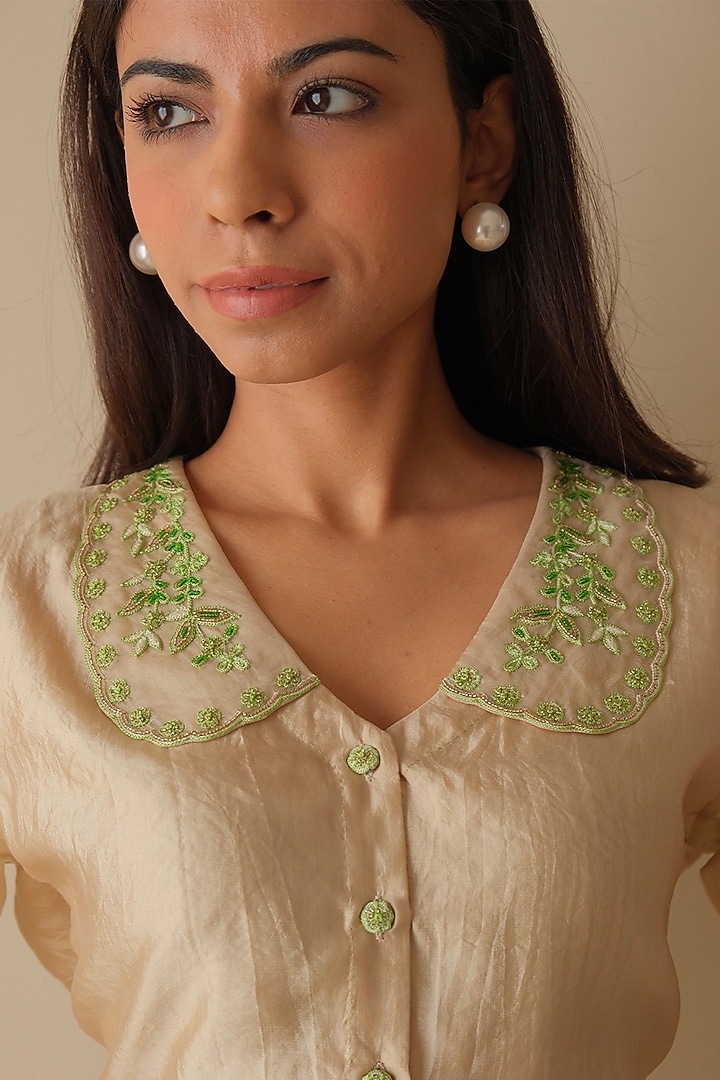 Beige Handwoven Organza Mulberry Silk Hand Embroidered Blouse by Surmaye at Pernia's Pop Up Shop