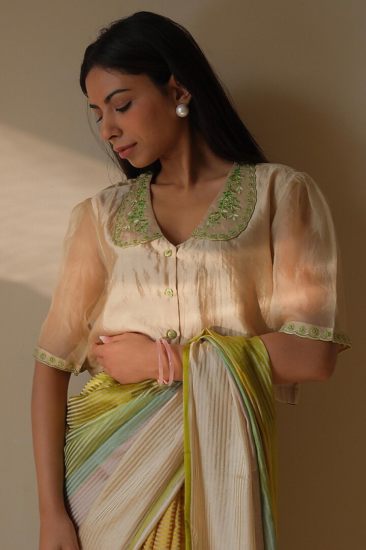 Beige Handwoven Organza Mulberry Silk Hand Embroidered Blouse by Surmaye at Pernia's Pop Up Shop