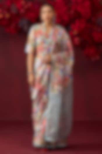 Ice Blue Handwoven Organza Mulberry Silk Floral Printed Party Wear Saree by Surmaye at Pernia's Pop Up Shop