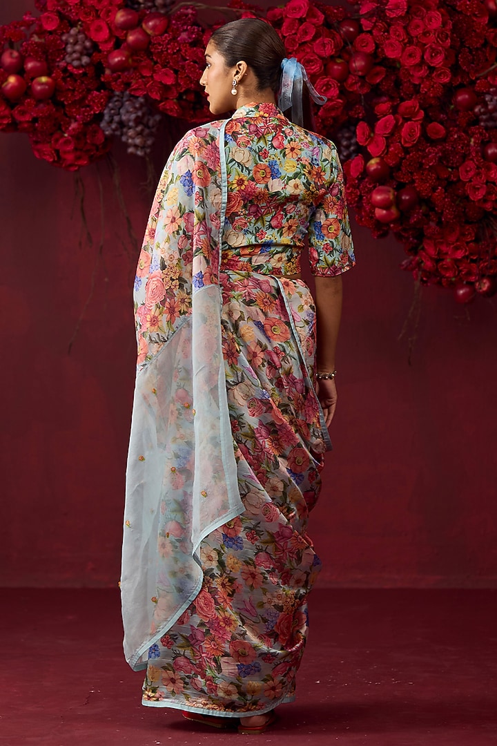 Ice Blue Handwoven Organza Mulberry Silk Floral Printed Party Wear Saree by Surmaye at Pernia's Pop Up Shop