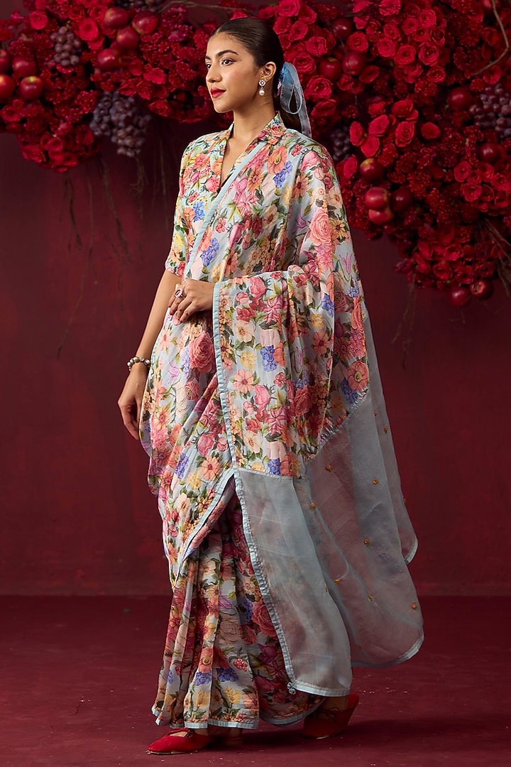 Ice Blue Handwoven Organza Mulberry Silk Floral Printed Party Wear Saree by Surmaye at Pernia's Pop Up Shop