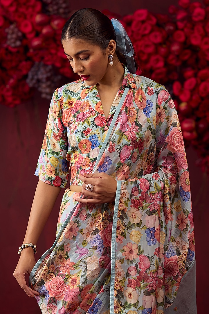 Ice Blue Handwoven Organza Mulberry Silk Floral Printed Party Wear Saree by Surmaye at Pernia's Pop Up Shop