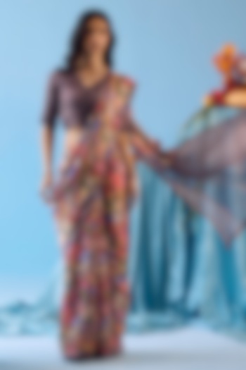 Grey Handwoven Organza Mulberry Silk Floral Printed Party Wear Saree by Surmaye at Pernia's Pop Up Shop