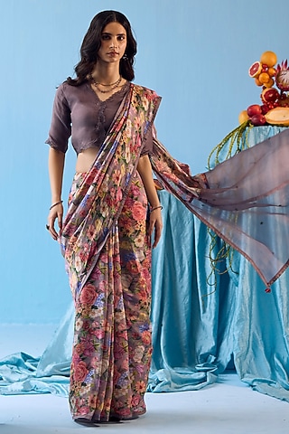 Grey Handwoven Organza Mulberry Silk Floral Printed Saree by Surmaye