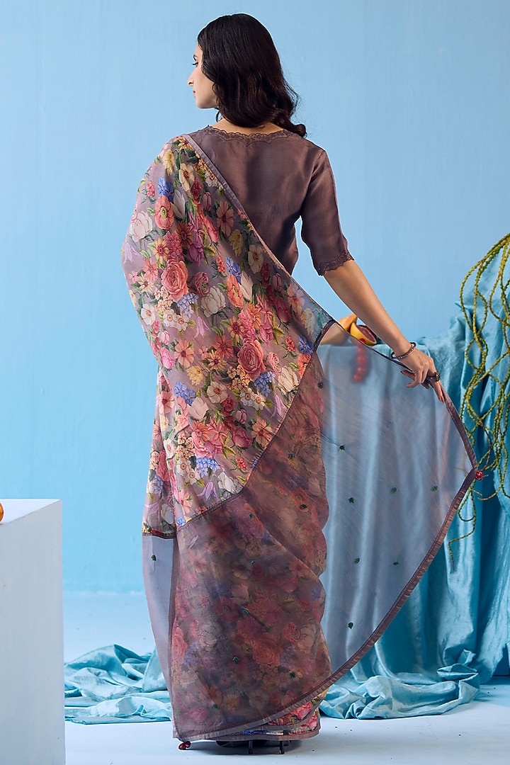 Grey Handwoven Organza Mulberry Silk Floral Printed Party Wear Saree by Surmaye at Pernia's Pop Up Shop