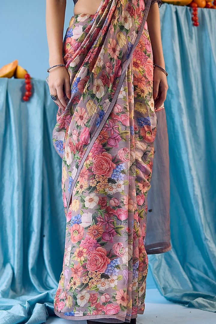 Grey Handwoven Organza Mulberry Silk Floral Printed Party Wear Saree by Surmaye at Pernia's Pop Up Shop