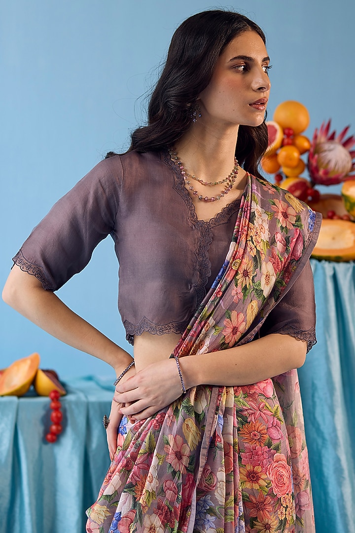 Grey Handwoven Organza Mulberry Silk Floral Printed Party Wear Saree by Surmaye at Pernia's Pop Up Shop