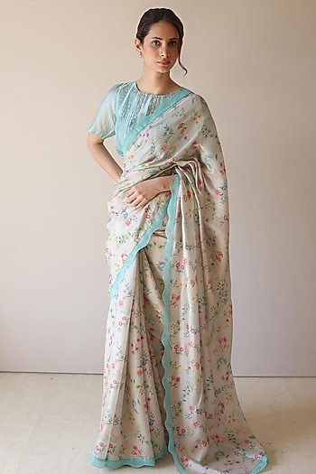 Beige Handwoven Organza Mulberry Silk Floral Hand Painted Party Wear Saree by Surmaye  at Pernia's Pop Up Shop