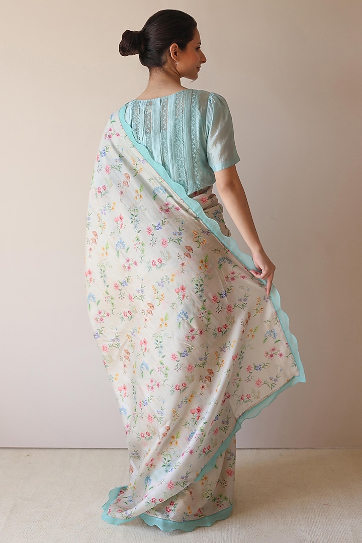 Beige Handwoven Organza Mulberry Silk Floral Hand Painted Party Wear Saree by Surmaye at Pernia's Pop Up Shop