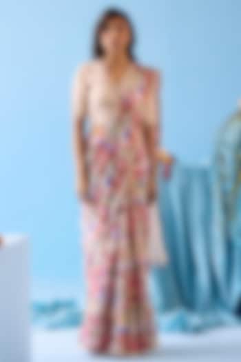 Beige Handwoven Organza Mulberry Silk Floral Printed Party Wear Saree by Surmaye at Pernia's Pop Up Shop