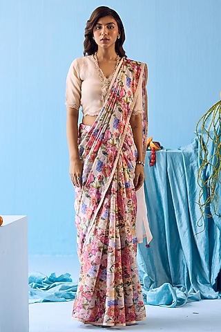 Beige Handwoven Organza Mulberry Silk Floral Printed Saree by Surmaye