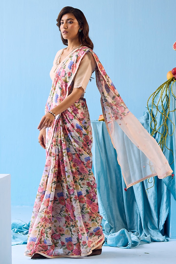 Beige Handwoven Organza Mulberry Silk Floral Printed Party Wear Saree by Surmaye at Pernia's Pop Up Shop
