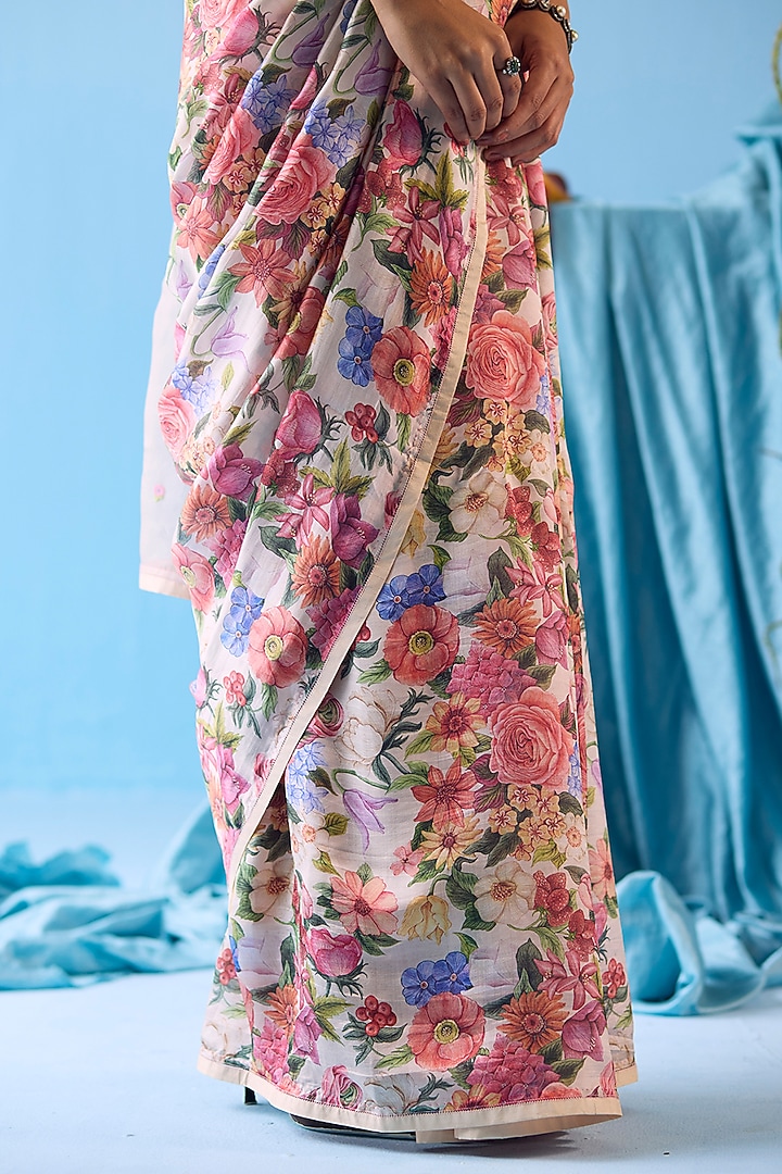 Beige Handwoven Organza Mulberry Silk Floral Printed Party Wear Saree by Surmaye at Pernia's Pop Up Shop