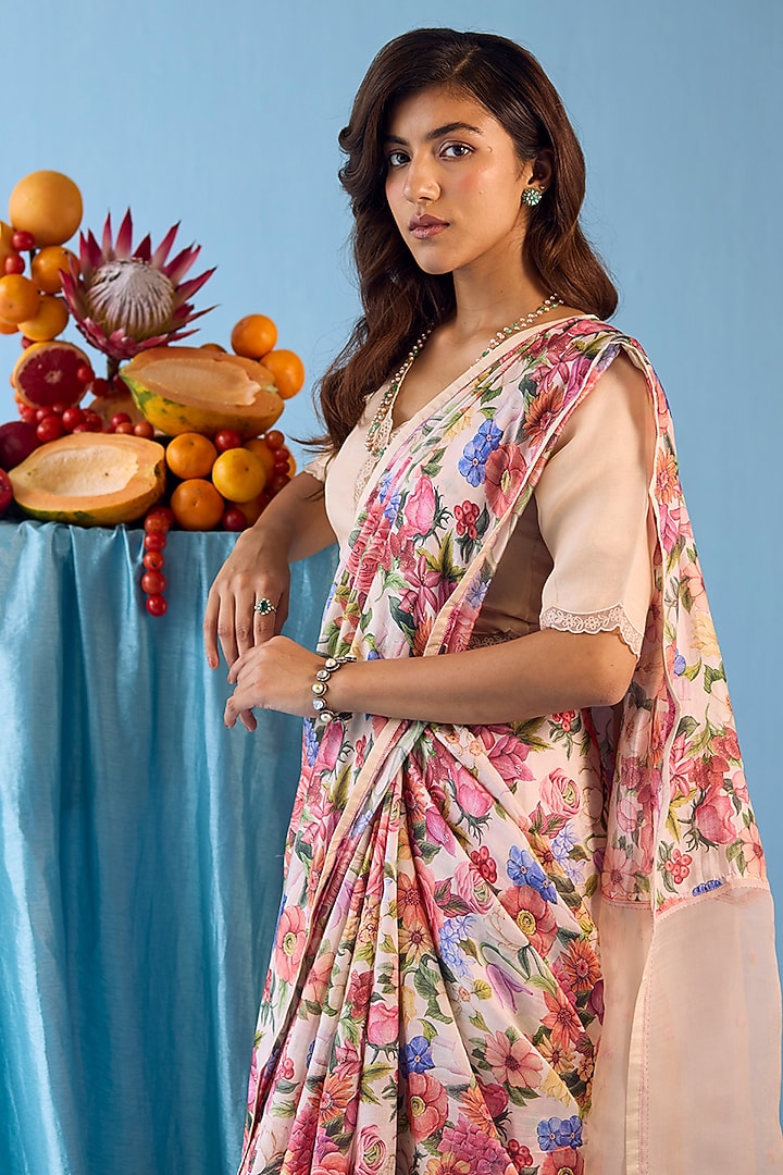 Beige Handwoven Organza Mulberry Silk Floral Printed Party Wear Saree by Surmaye at Pernia's Pop Up Shop