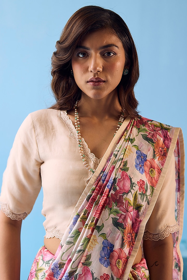 Beige Handwoven Organza Mulberry Silk Floral Printed Party Wear Saree by Surmaye at Pernia's Pop Up Shop