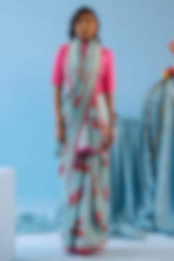 Ice Blue Handwoven Mulberry Silk Floral Motif Printed Party Wear Saree by Surmaye at Pernia's Pop Up Shop