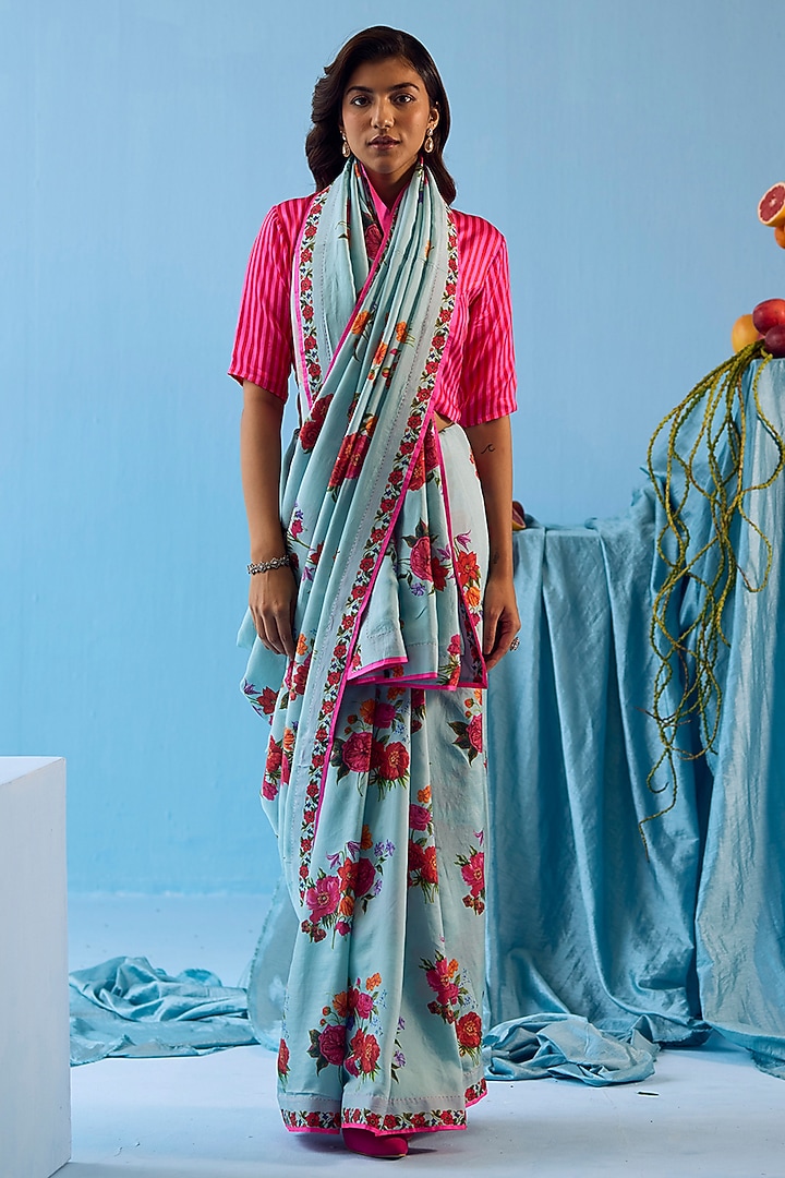 Ice Blue Handwoven Mulberry Silk Floral Motif Printed Party Wear Saree by Surmaye at Pernia's Pop Up Shop