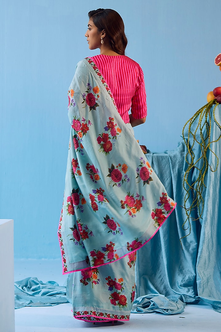 Ice Blue Handwoven Mulberry Silk Floral Motif Printed Party Wear Saree by Surmaye at Pernia's Pop Up Shop