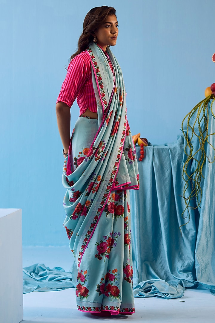 Ice Blue Handwoven Mulberry Silk Floral Motif Printed Party Wear Saree by Surmaye at Pernia's Pop Up Shop