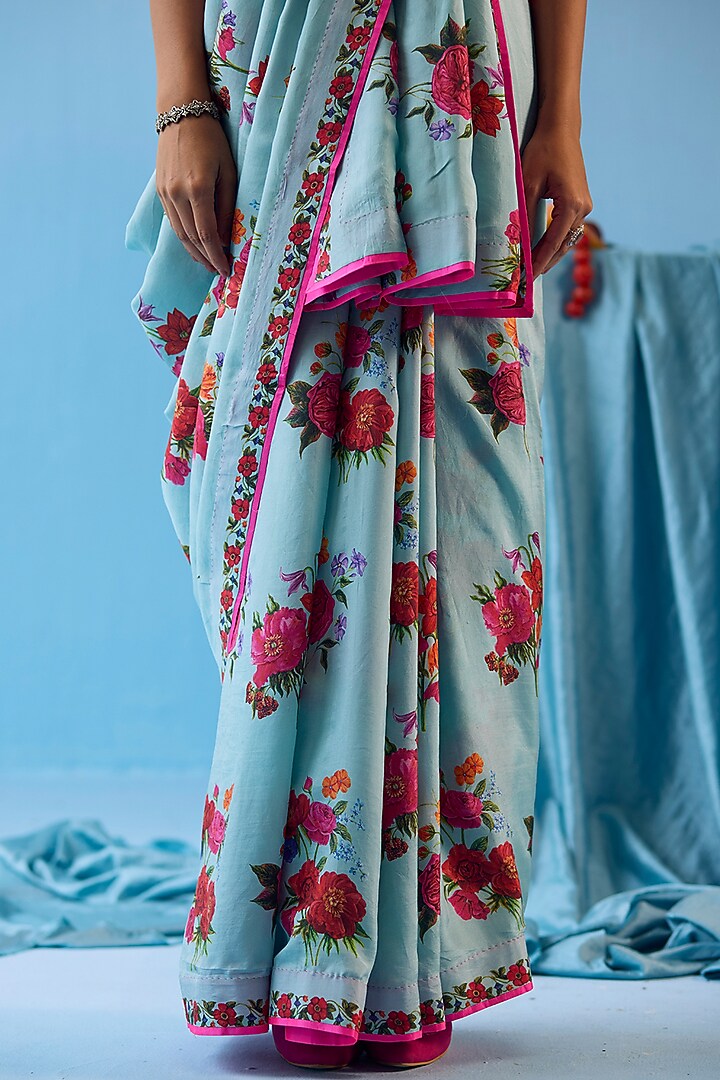 Ice Blue Handwoven Mulberry Silk Floral Motif Printed Party Wear Saree by Surmaye at Pernia's Pop Up Shop
