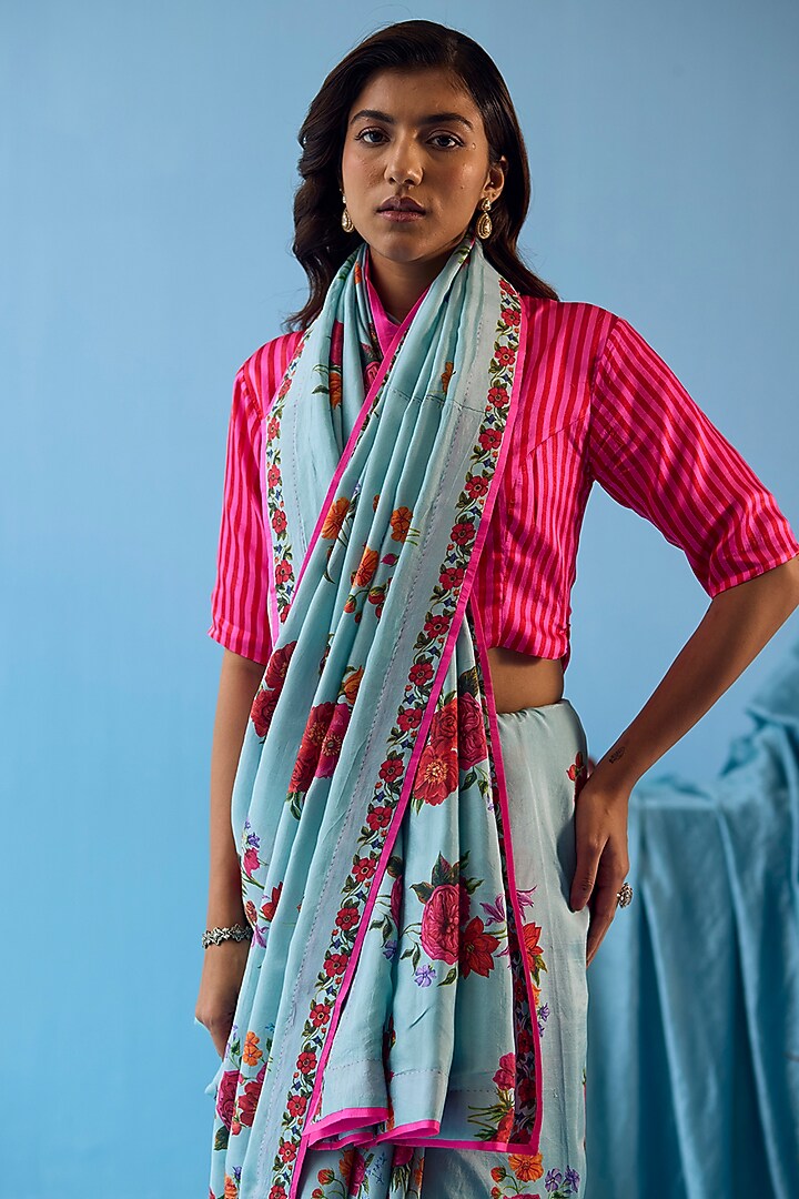 Ice Blue Handwoven Mulberry Silk Floral Motif Printed Party Wear Saree by Surmaye at Pernia's Pop Up Shop