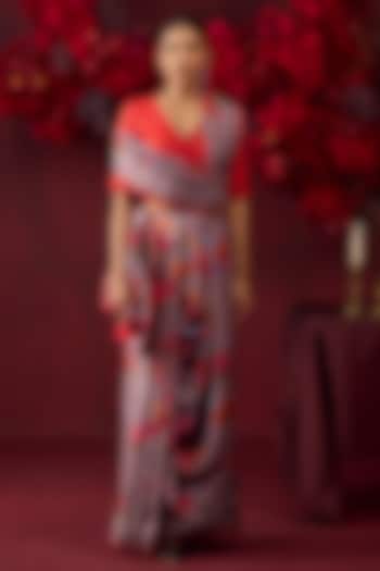 Slate Grey Handwoven Mulberry Silk Floral Motif Printed Party Wear Saree by Surmaye at Pernia's Pop Up Shop