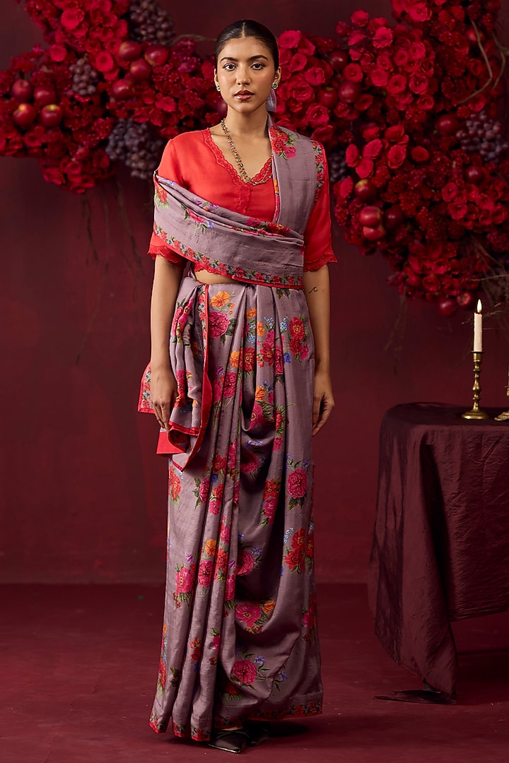 Slate Grey Handwoven Mulberry Silk Floral Motif Printed Party Wear Saree by Surmaye at Pernia's Pop Up Shop