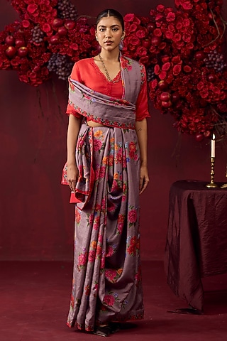 Slate Grey Handwoven Mulberry Silk Floral Motif Printed Saree by Surmaye