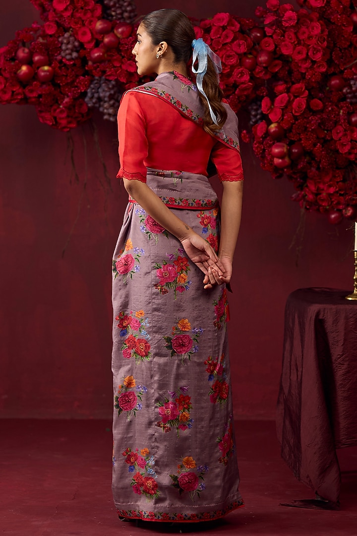 Slate Grey Handwoven Mulberry Silk Floral Motif Printed Party Wear Saree by Surmaye at Pernia's Pop Up Shop