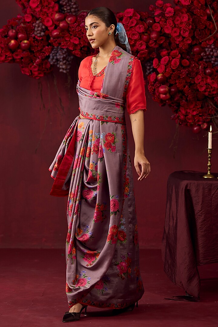 Slate Grey Handwoven Mulberry Silk Floral Motif Printed Party Wear Saree by Surmaye at Pernia's Pop Up Shop