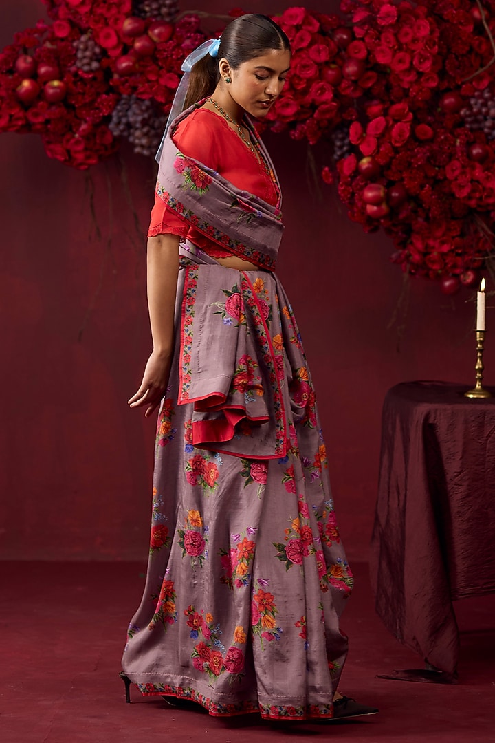 Slate Grey Handwoven Mulberry Silk Floral Motif Printed Party Wear Saree by Surmaye at Pernia's Pop Up Shop