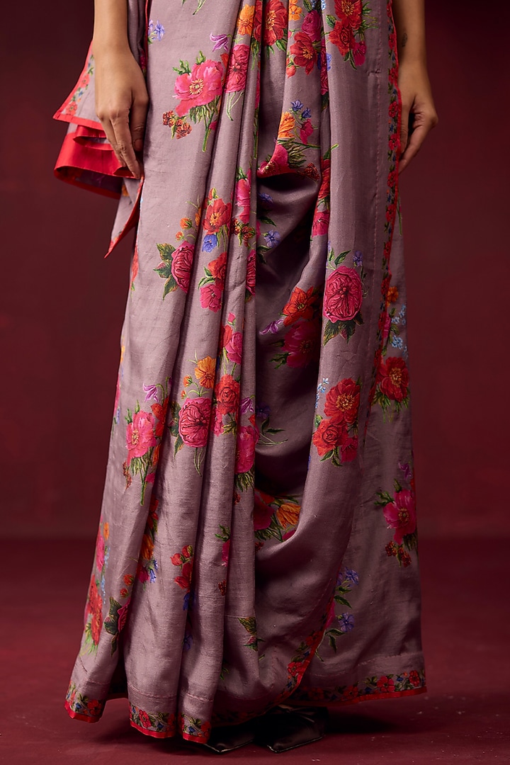 Slate Grey Handwoven Mulberry Silk Floral Motif Printed Party Wear Saree by Surmaye at Pernia's Pop Up Shop