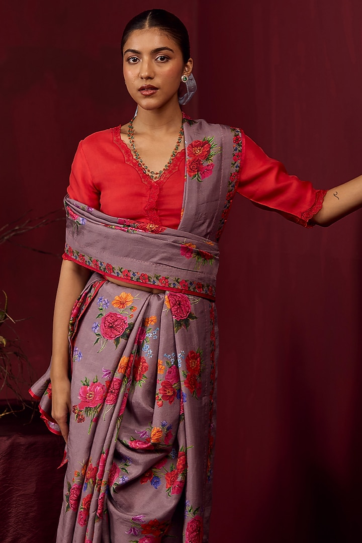 Slate Grey Handwoven Mulberry Silk Floral Motif Printed Party Wear Saree by Surmaye at Pernia's Pop Up Shop