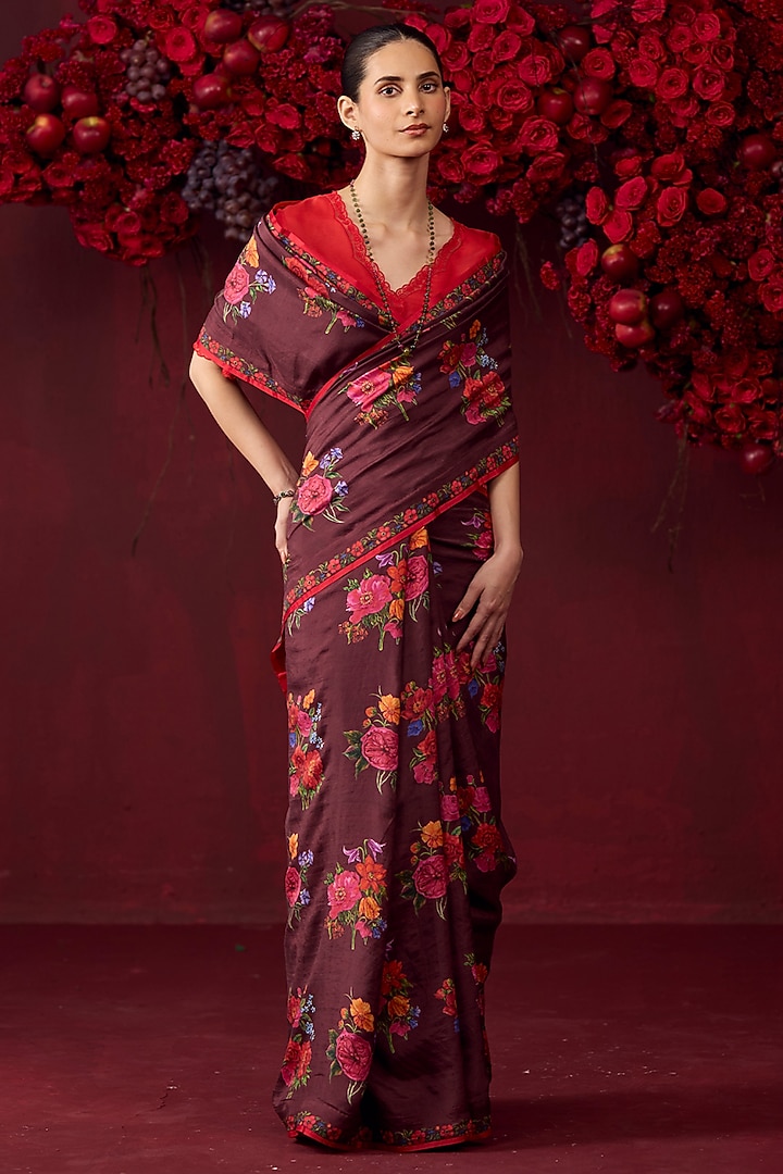 Burgundy Handwoven Mulberry Silk Floral Motif Printed Party Wear Saree by Surmaye at Pernia's Pop Up Shop