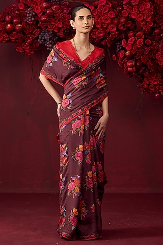 Burgundy Handwoven Mulberry Silk Floral Motif Printed Saree by Surmaye