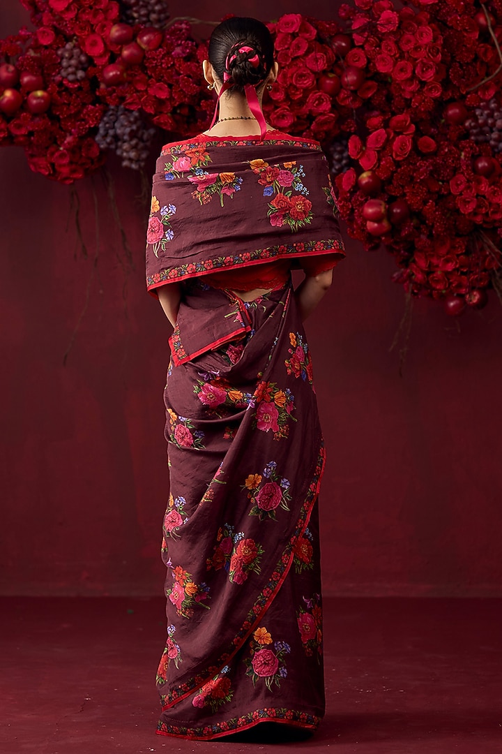 Burgundy Handwoven Mulberry Silk Floral Motif Printed Party Wear Saree by Surmaye at Pernia's Pop Up Shop