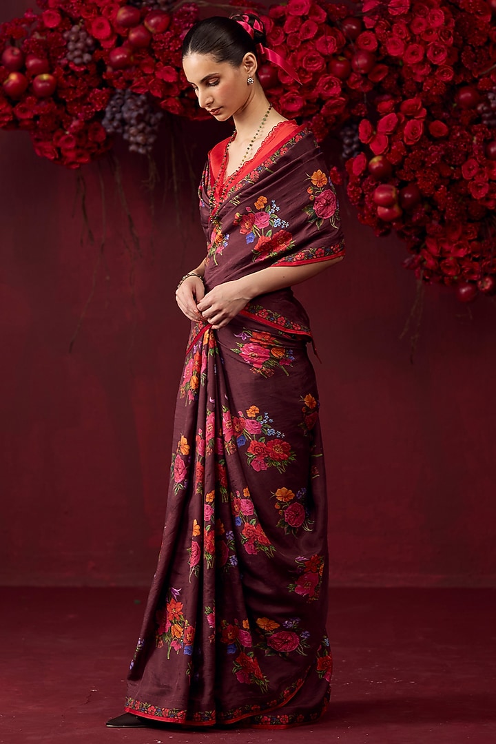 Burgundy Handwoven Mulberry Silk Floral Motif Printed Party Wear Saree by Surmaye at Pernia's Pop Up Shop