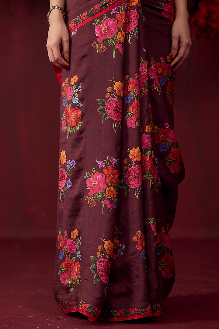 Burgundy Handwoven Mulberry Silk Floral Motif Printed Party Wear Saree by Surmaye at Pernia's Pop Up Shop