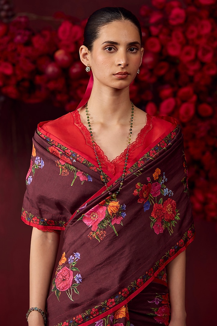Burgundy Handwoven Mulberry Silk Floral Motif Printed Party Wear Saree by Surmaye at Pernia's Pop Up Shop
