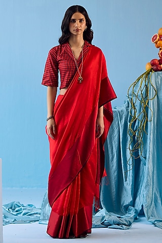 Scarlet Red Handwoven Silk Mesh Saree by Surmaye
